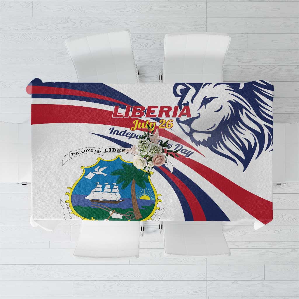 White Liberia Independence Day tablecloth with lion coat of arms and red-blue stripes