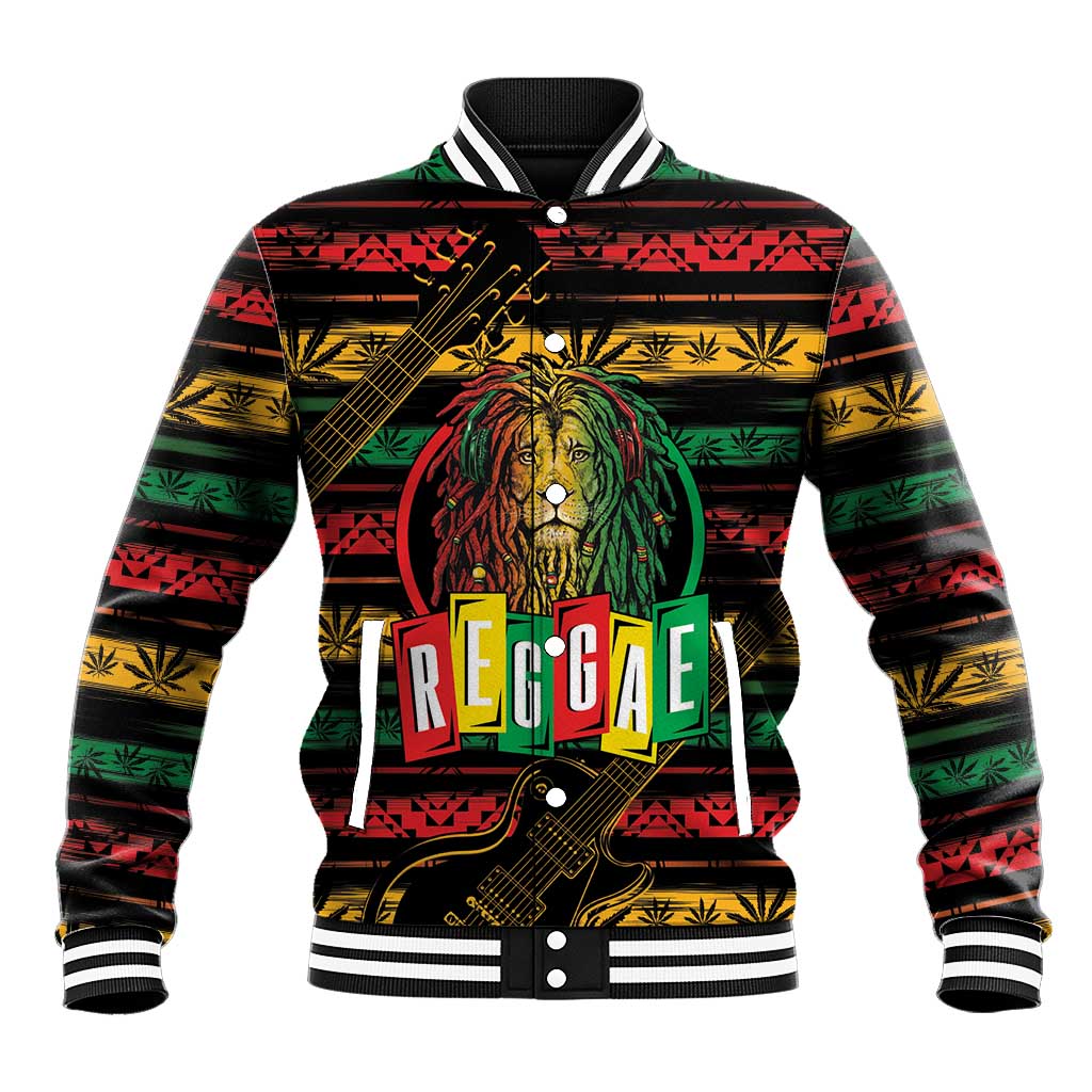 Unisex black baseball jacket with colorful lion reggae graphic, striped rib trim