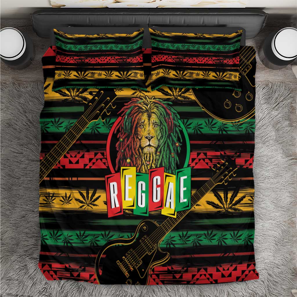 Reggae bedding set close view: black duvet with lion face, guitars, and “REGGAE” logo