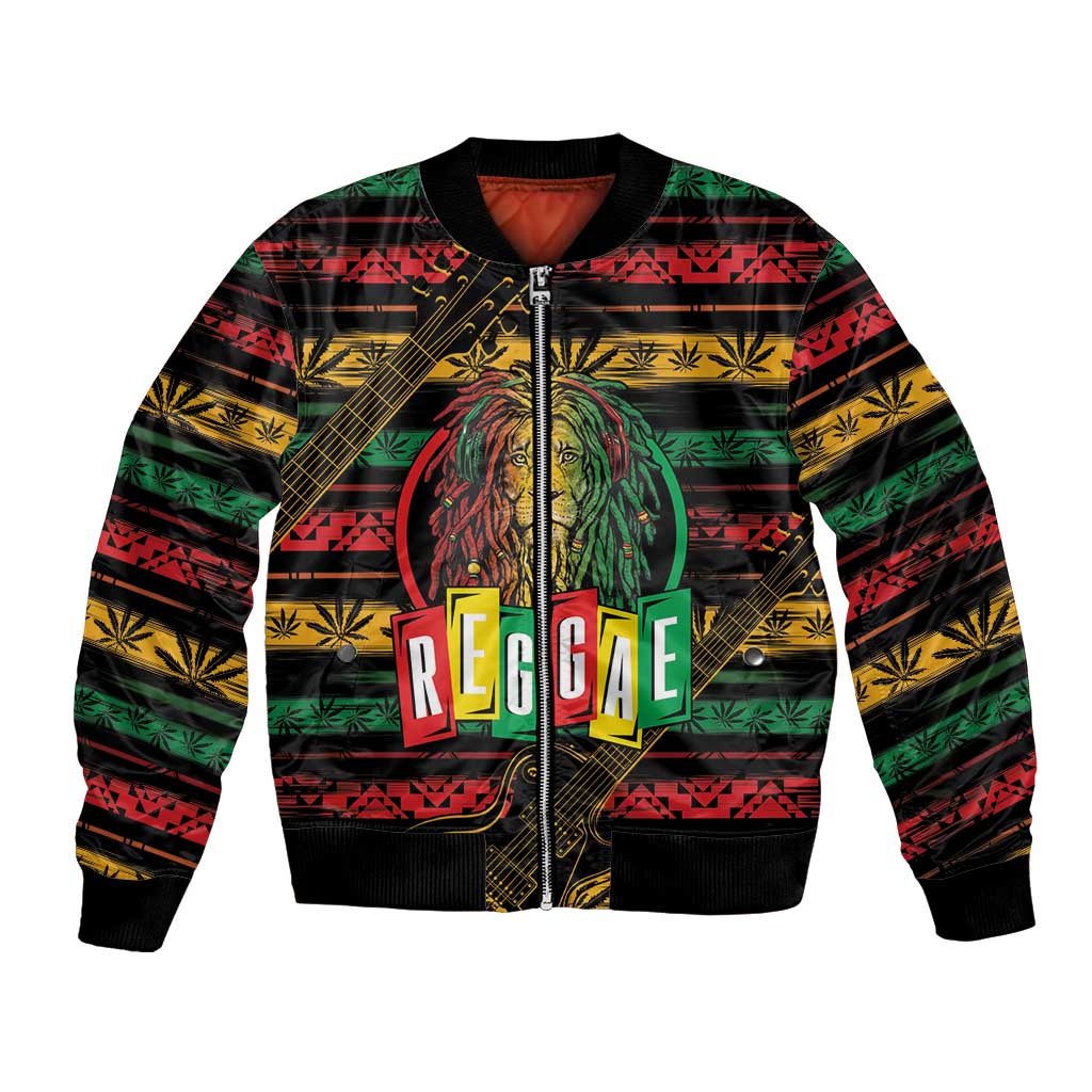 Unisex black bomber jacket with lion and guitars, reggae graphic, ribbed cuffs and hem