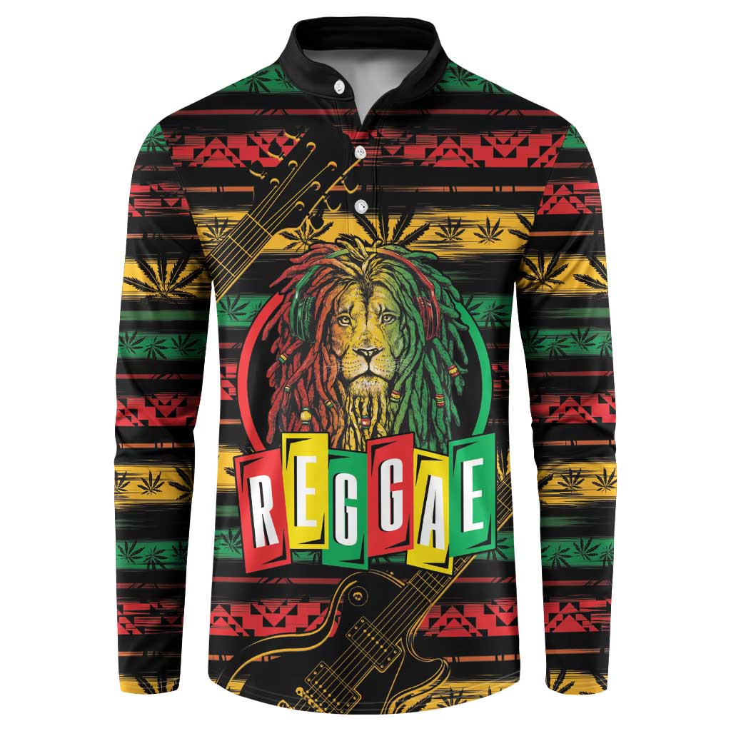 Black button sweatshirt with reggae lion and guitar graphic, colorful striped pattern