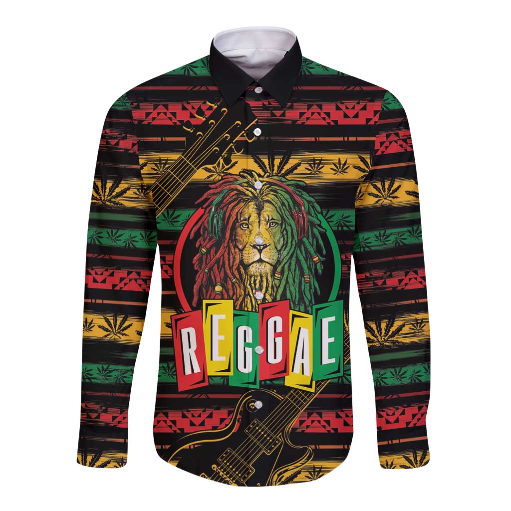Black long-sleeve button shirt with colorful Reggae lion graphic front