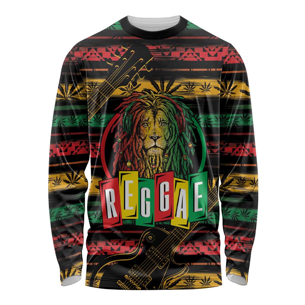 Unisex black long sleeve shirt with lion face, reggae 'REGGAE' and guitar art