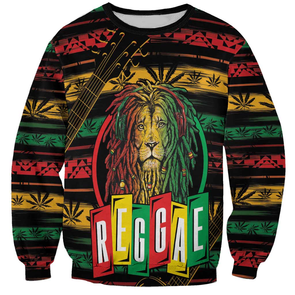 Black unisex sweatshirt with reggae striped pattern, lion face and guitar graphic