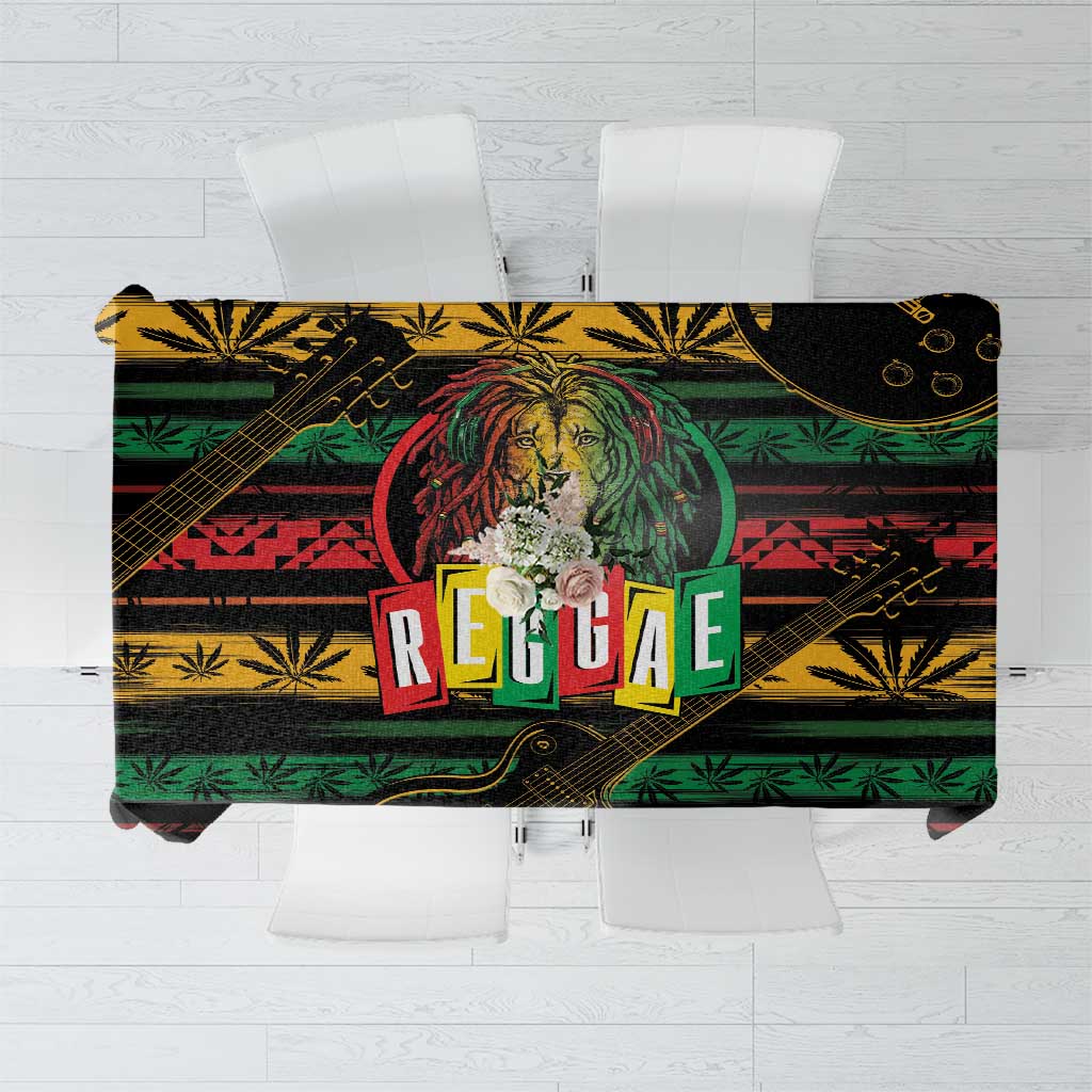 Black reggae tablecloth with “REGGAE” banner and lion graphic, colorful geometric print