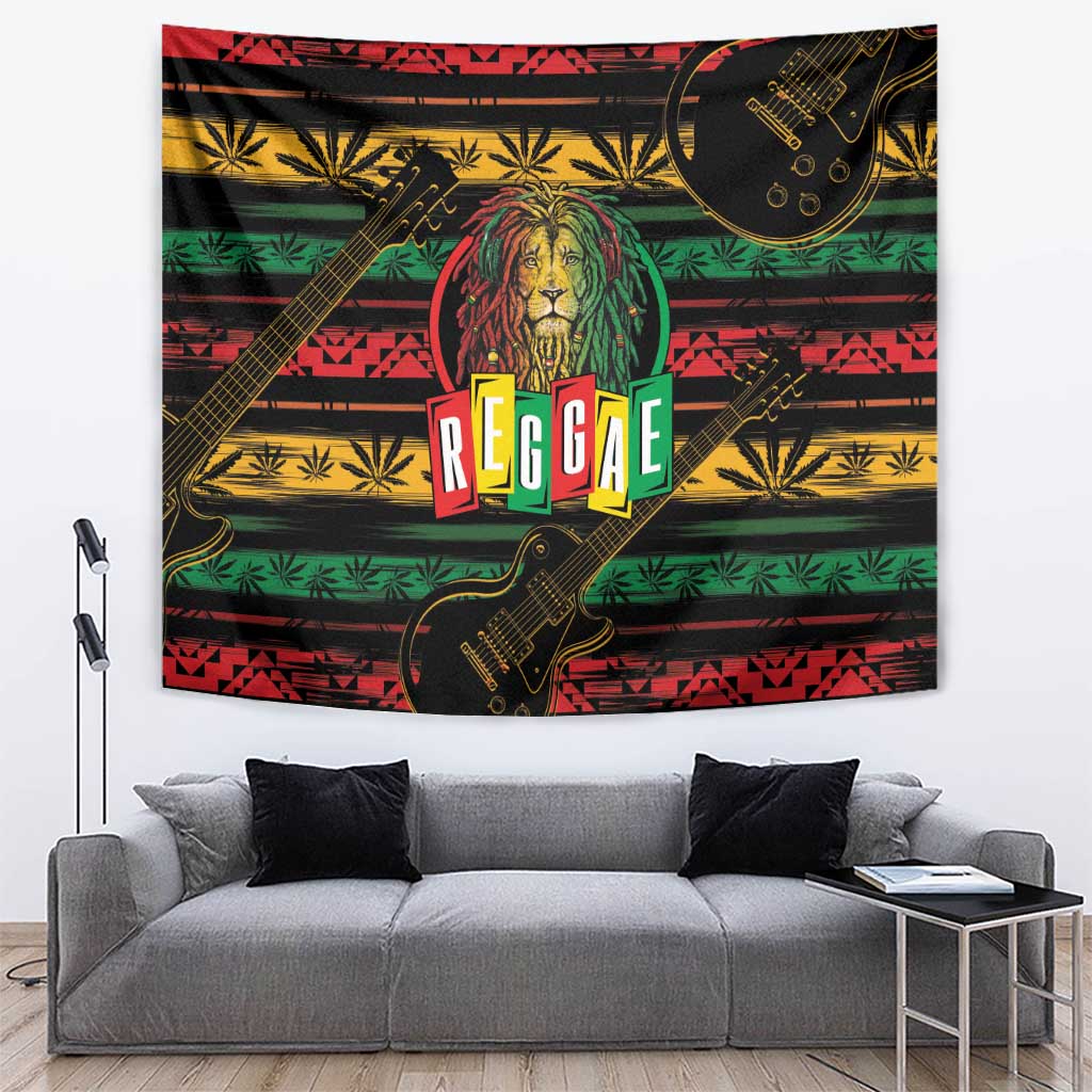 Colorful reggae tapestry with lion portrait, guitars, and bold 'Reggae' text