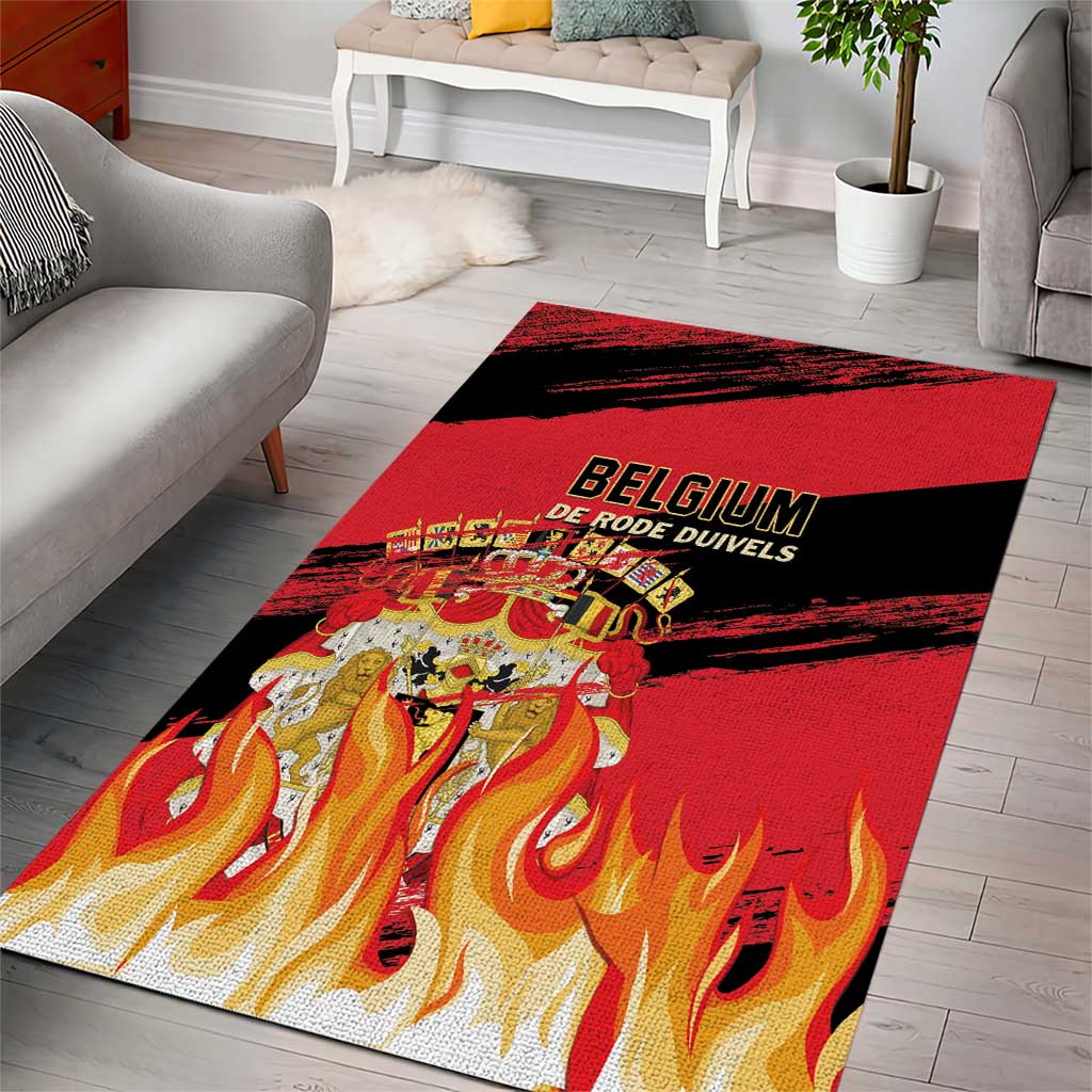 Belgium football area rug with red field, black band, and flame crest