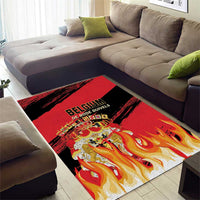 Belgium football area rug with central flame illustration and Belgium DE RODE DUIVELS text