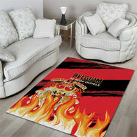 Belgium football area rug with red background, black stripes, and flame artwork