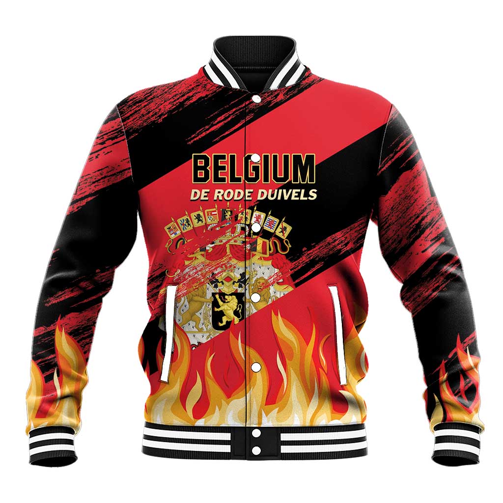 Custom Belgium football jacket in black and red with crest, flames, and ribbed trim