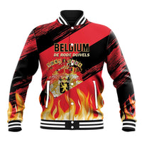 Custom Belgium football jacket in black and red with crest, flames, and ribbed trim