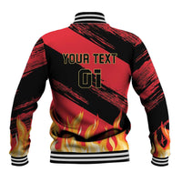 Custom football baseball jacket back, black-red with YOUR TEXT 01, flames, ribbed cuffs