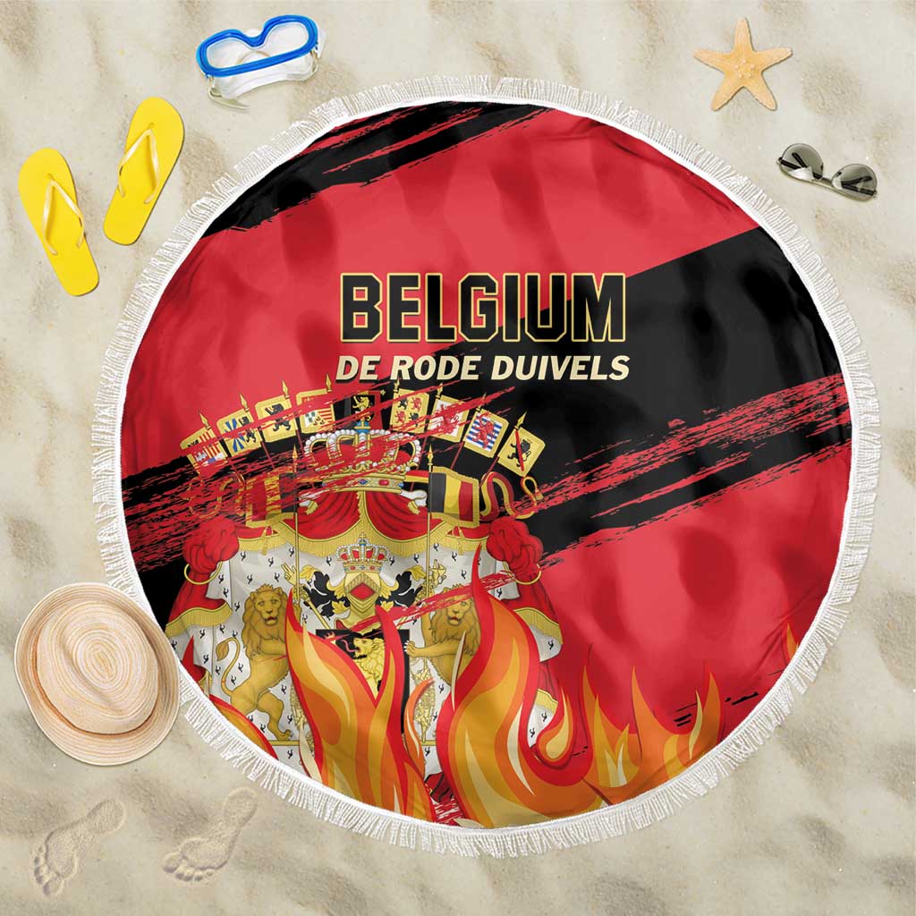 Round beach blanket with red and black Belgium team graphic, white fringe edge