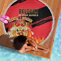 Round Belgium beach blanket with 'BELGIUM' text, team crest, red/black design, white fringe