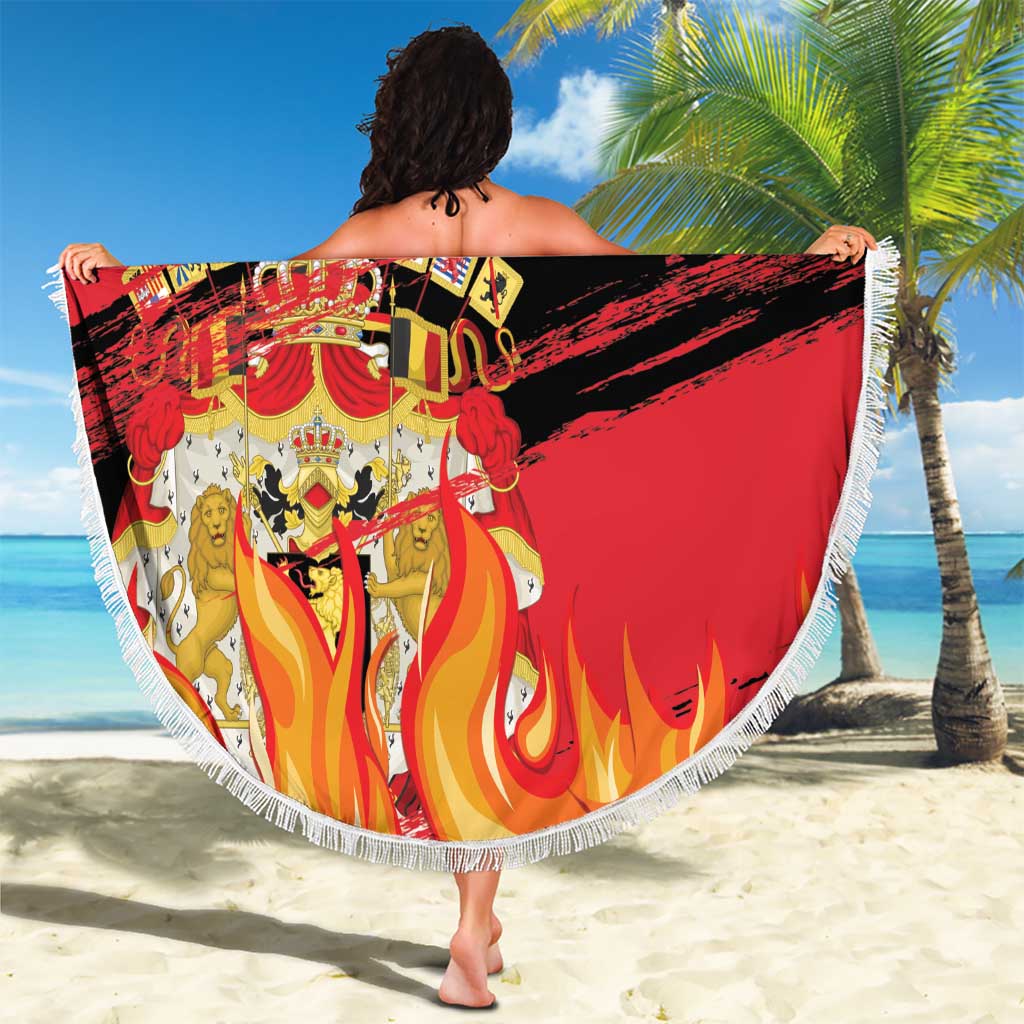 Round Belgium football beach blanket with crest and flaming graphics, red/black, white fringe