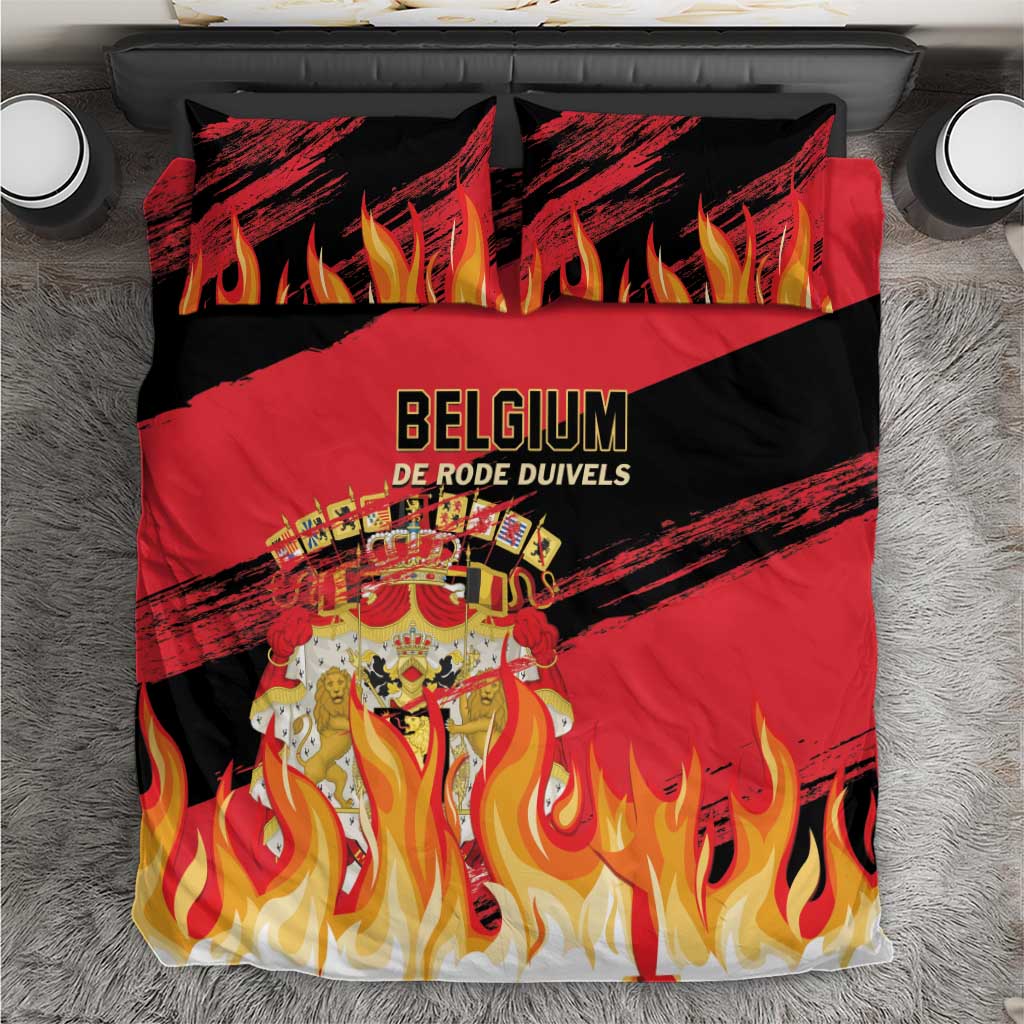 Belgium football bedding set laid flat, red/black flame graphic with 'BELGIUM' label