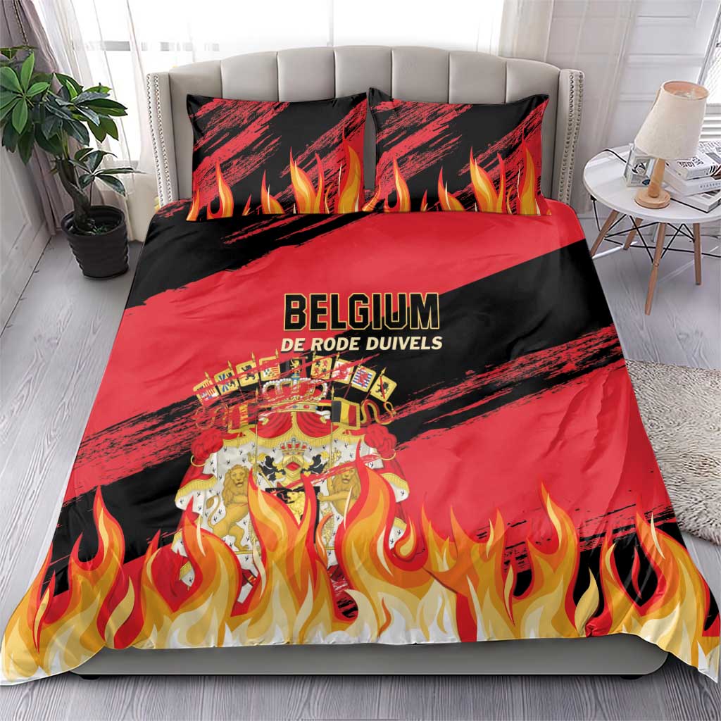 Belgium football bedding set on bed, red/black flames with 'BELGIUM' and 'DE RODE DUIVELS'