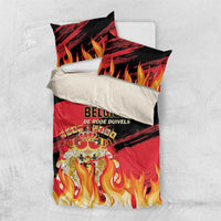 Belgium football bedding set with two red/black flame pillowcases and 'BELGIUM' text