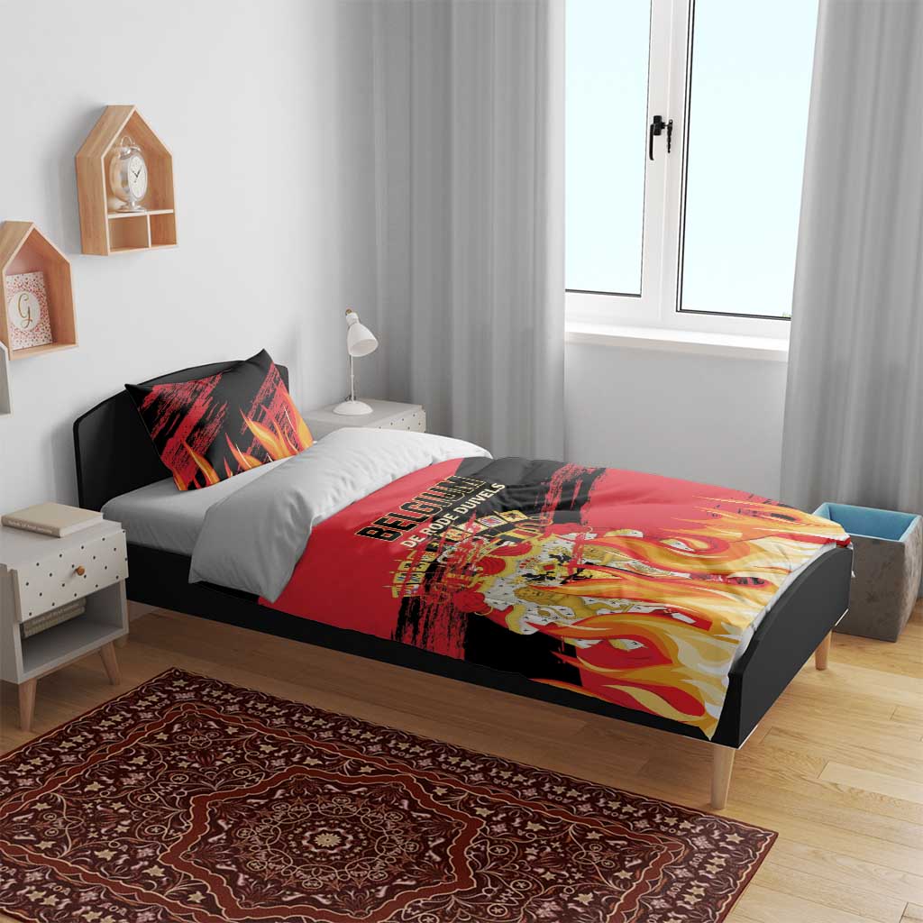 Belgium football bedding set in bedroom, red/black flames with 'BELGIUM' on duvet