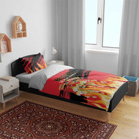 Belgium football bedding set in bedroom, red/black flames with 'BELGIUM' on duvet