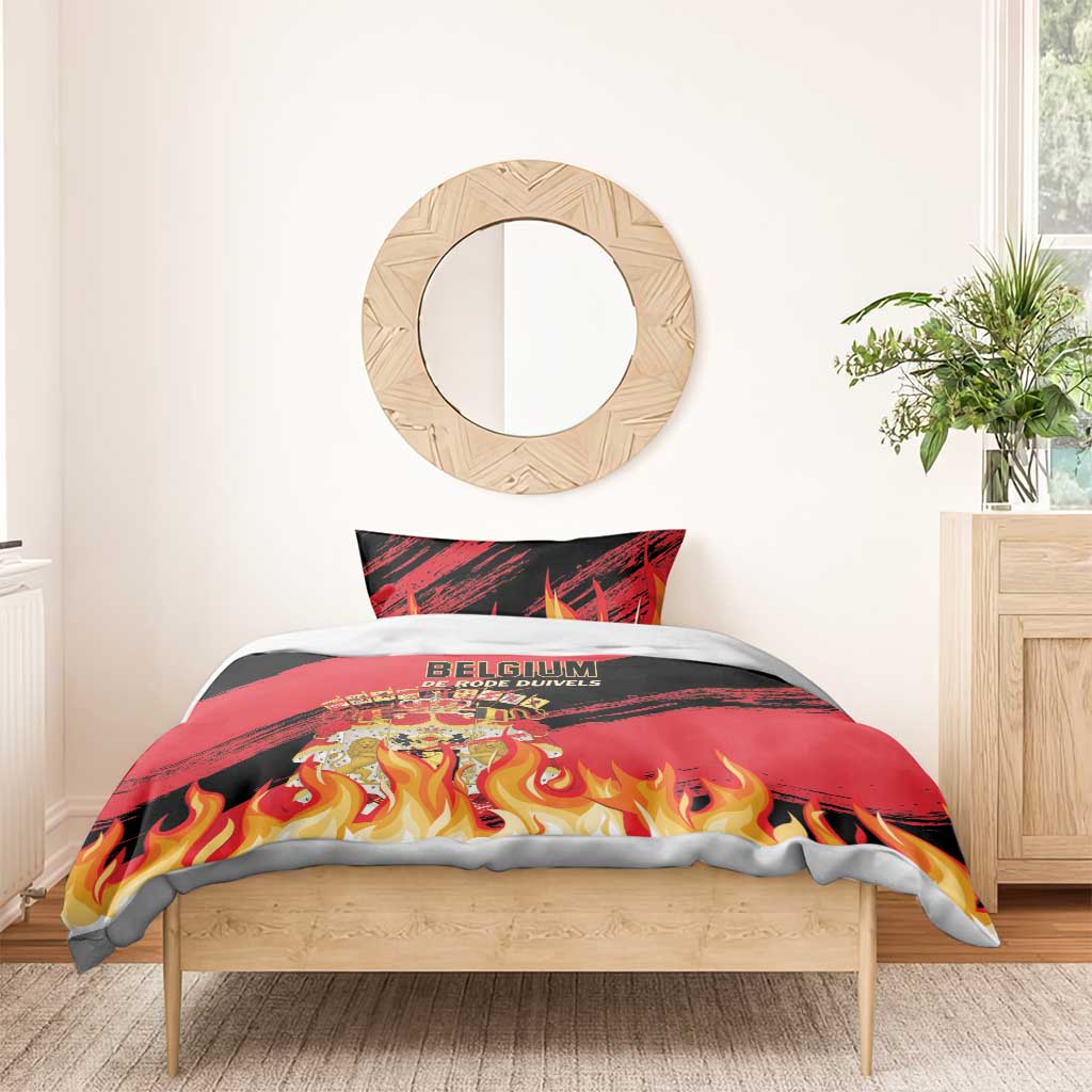 Belgium football bedding set from foot of bed, red/black flames and 'BELGIUM' text