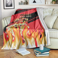 Belgium football team blanket with red, black, and flame graphic and matching slogan