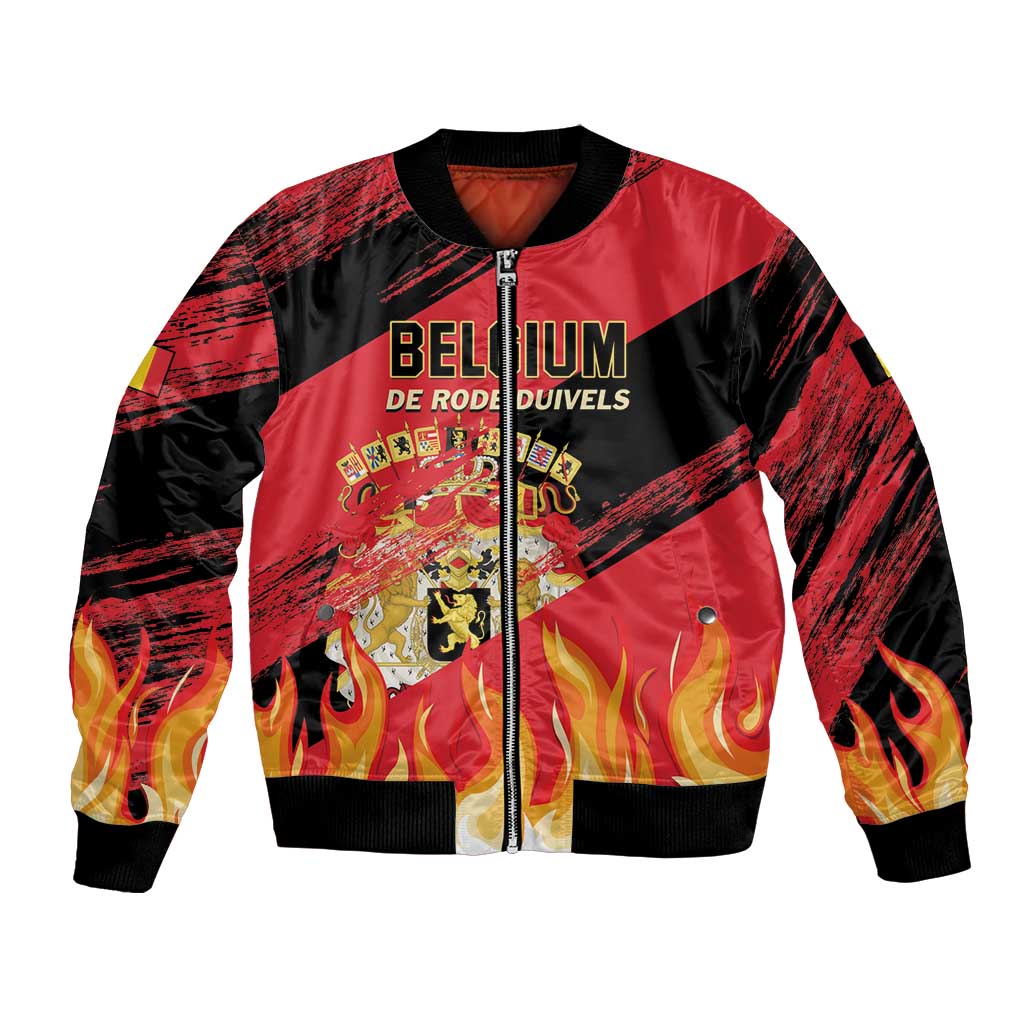 Black and red football bomber jacket with zip, ribbed cuffs, Belgium crest and flames