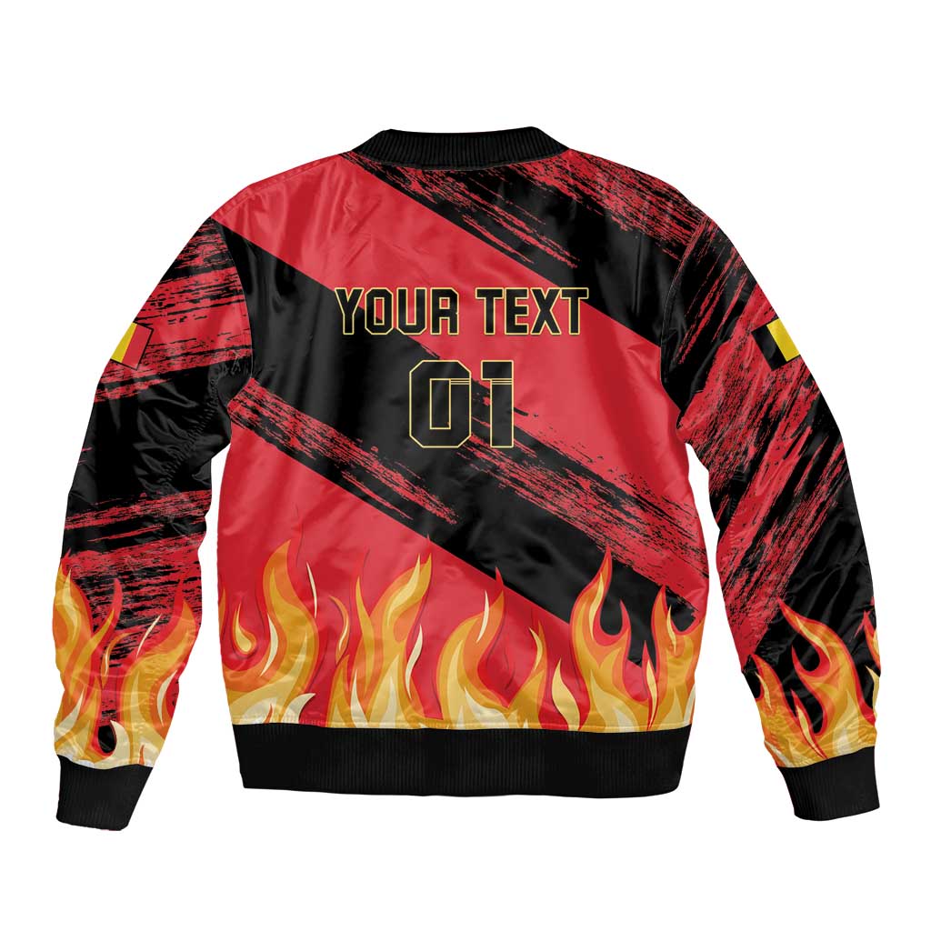 Black and red bomber jacket back print with zip, flames and 'YOUR TEXT' 01