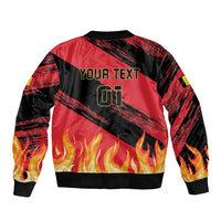 Black and red bomber jacket back print with zip, flames and 'YOUR TEXT' 01