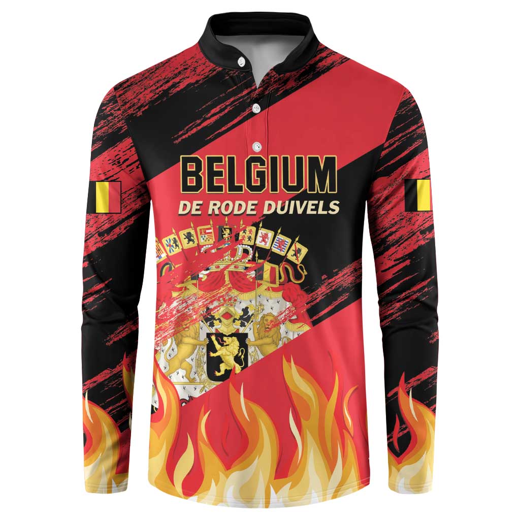 Red and black football button sweatshirt with Belgium 'De Rode Duivels' logo and flames