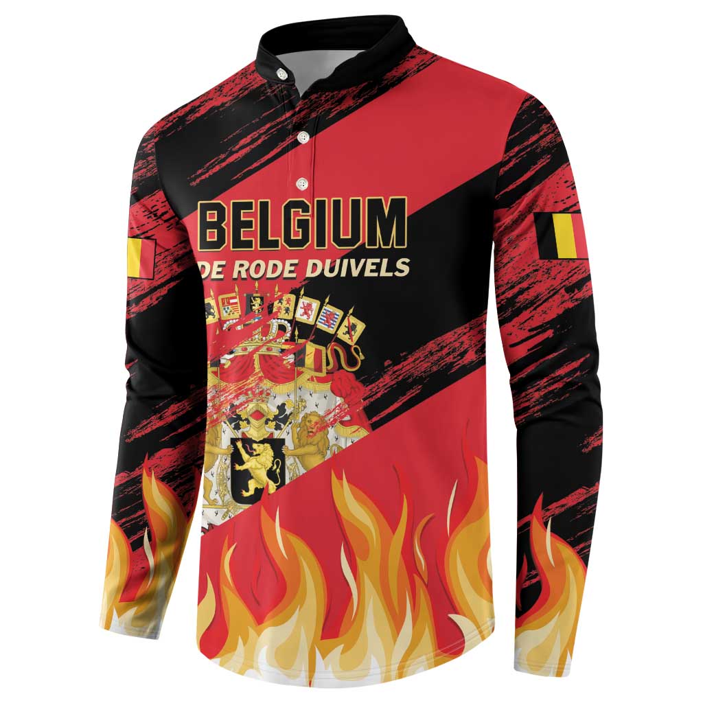 Red and black football button sweatshirt with Belgium logo and flame design, button collar