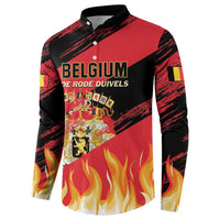 Red and black football button sweatshirt with Belgium logo and flame design, button collar