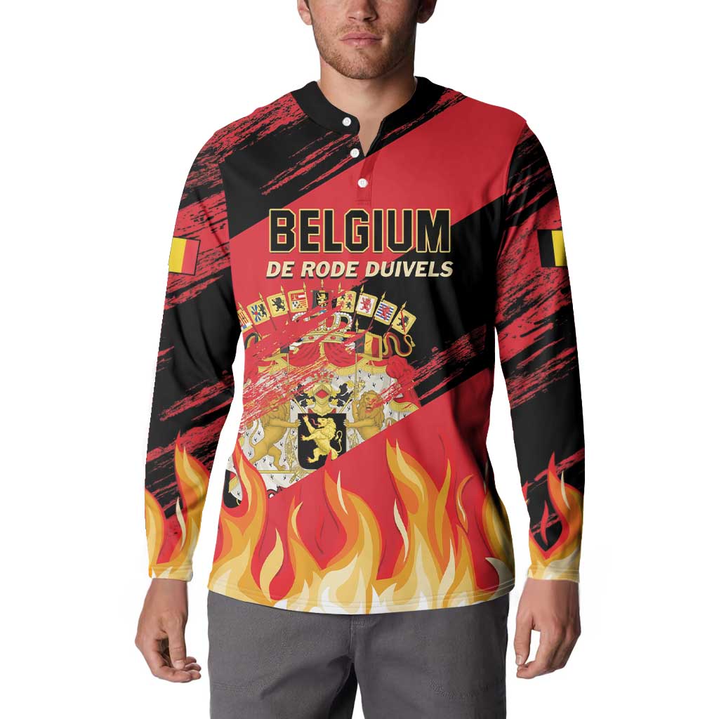 Black and red football button sweatshirt with Belgium graphic, crest, and flame print