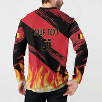 Black and red football button sweatshirt with back text 'YOUR TEXT' and flame graphic