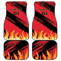Set of 4 black car mats with red flame graphics and “Your Text 01”