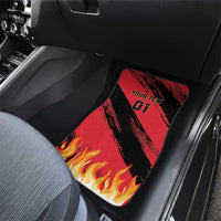 Black car mat with red flame graphic and “Your Text 01” on front passenger seat