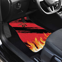 Black car floor mat with red flame graphic and “Your Text 01” for passenger side