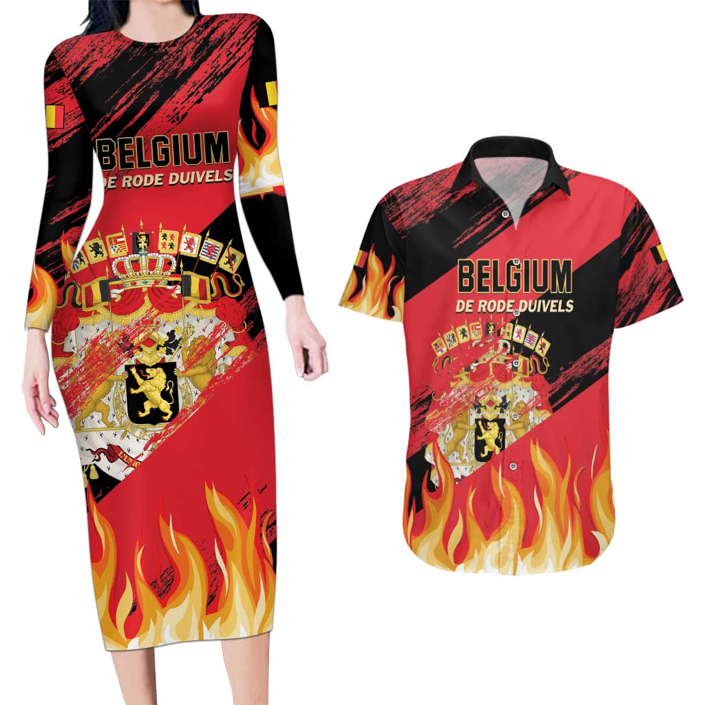 Custom Belgium 2024 Football Couples Matching Long Sleeve Bodycon Dress and Hawaiian Shirt Go De Rode Duivels - Wonder Print Shop