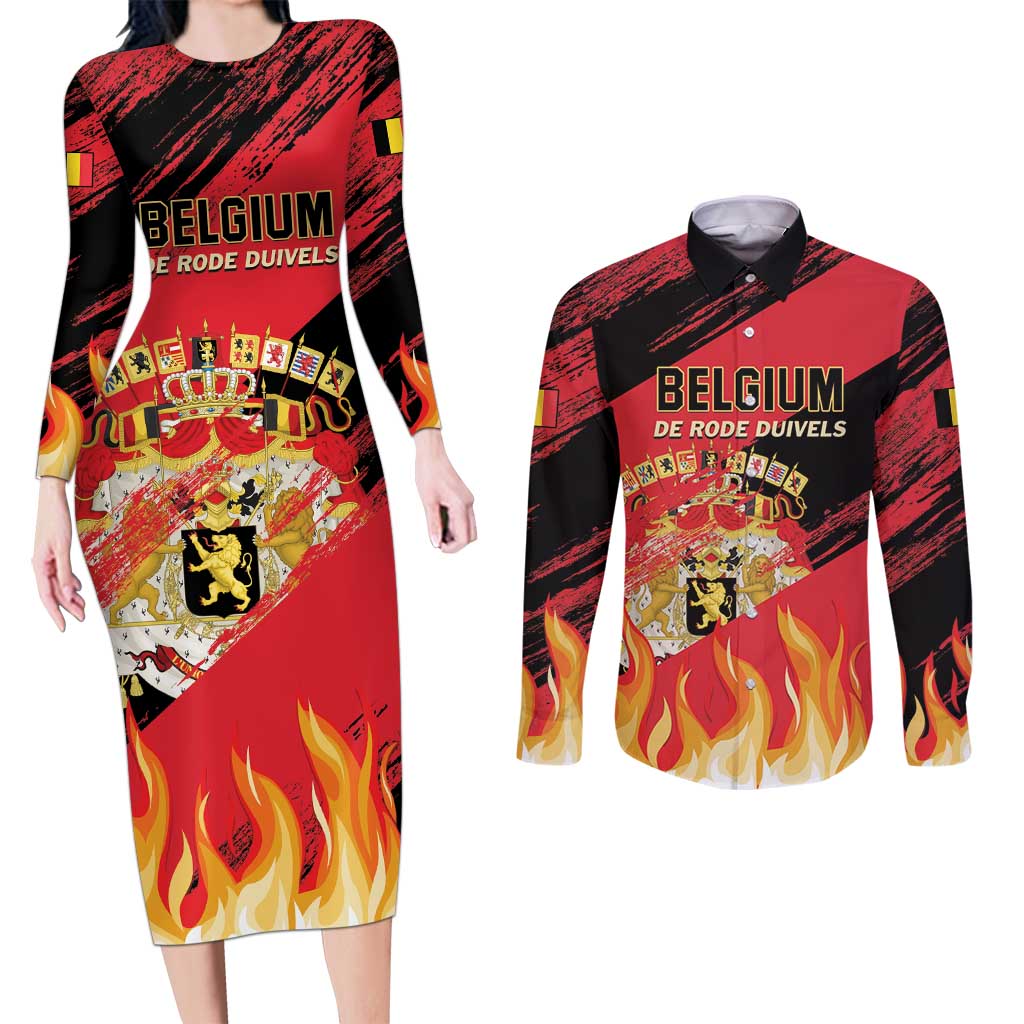 Custom Belgium 2024 Football Couples Matching Long Sleeve Bodycon Dress and Long Sleeve Button Shirt Go De Rode Duivels - Wonder Print Shop