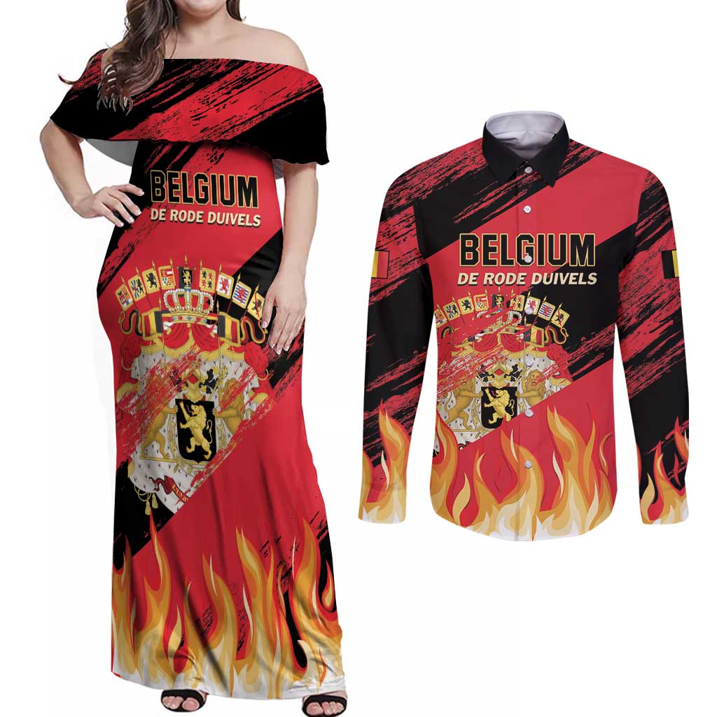 Custom Belgium 2024 Football Couples Matching Off Shoulder Maxi Dress and Long Sleeve Button Shirt Go De Rode Duivels - Wonder Print Shop