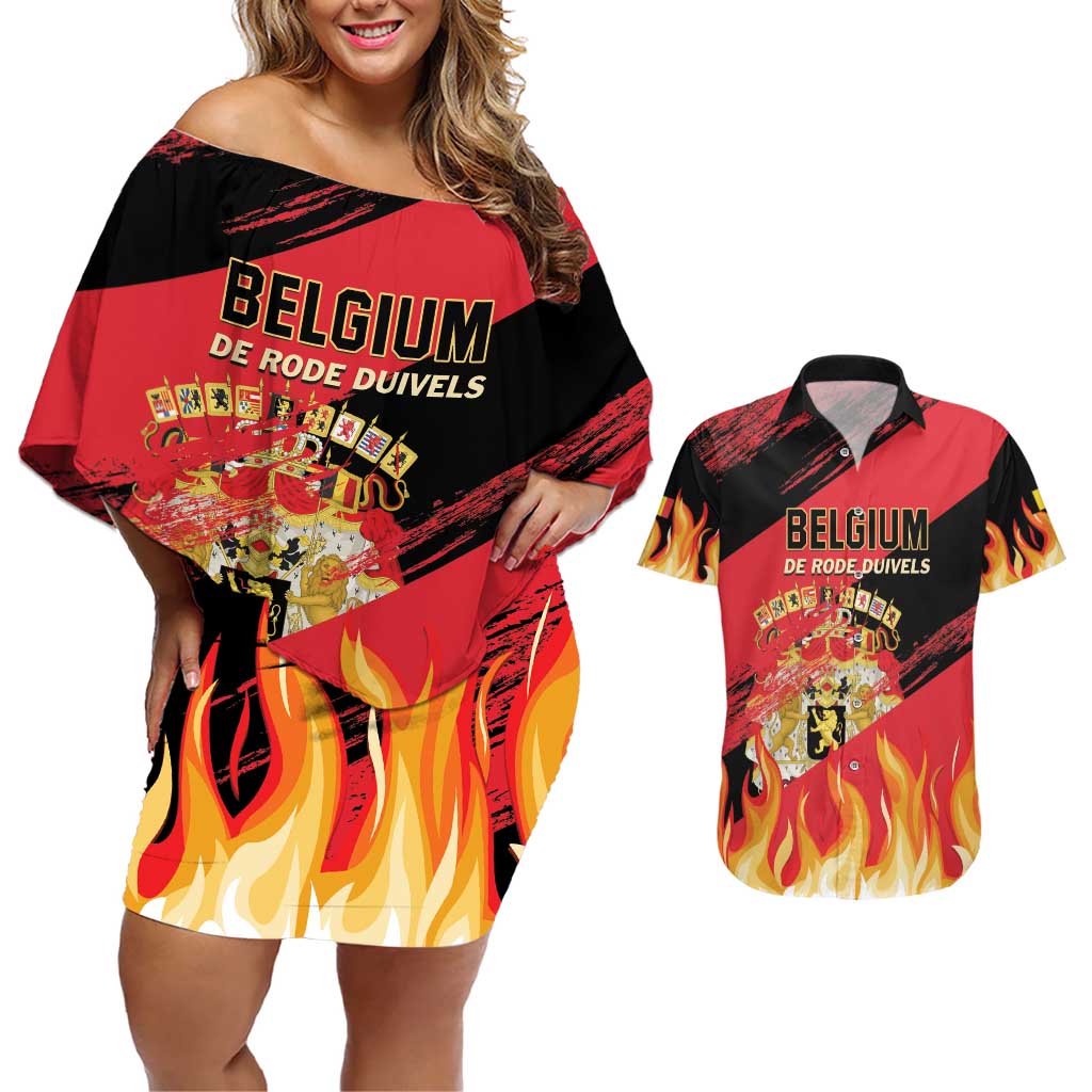 Custom Belgium 2024 Football Couples Matching Off Shoulder Short Dress and Hawaiian Shirt Go De Rode Duivels - Wonder Print Shop