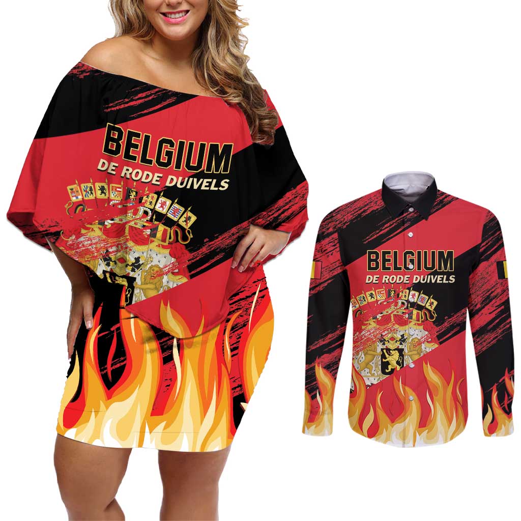 Custom Belgium 2024 Football Couples Matching Off Shoulder Short Dress and Long Sleeve Button Shirt Go De Rode Duivels - Wonder Print Shop