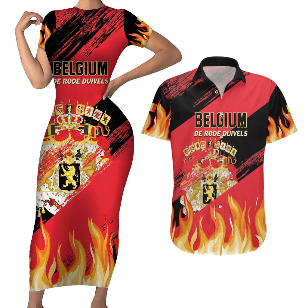 Custom Belgium 2024 Football Couples Matching Short Sleeve Bodycon Dress and Hawaiian Shirt Go De Rode Duivels - Wonder Print Shop