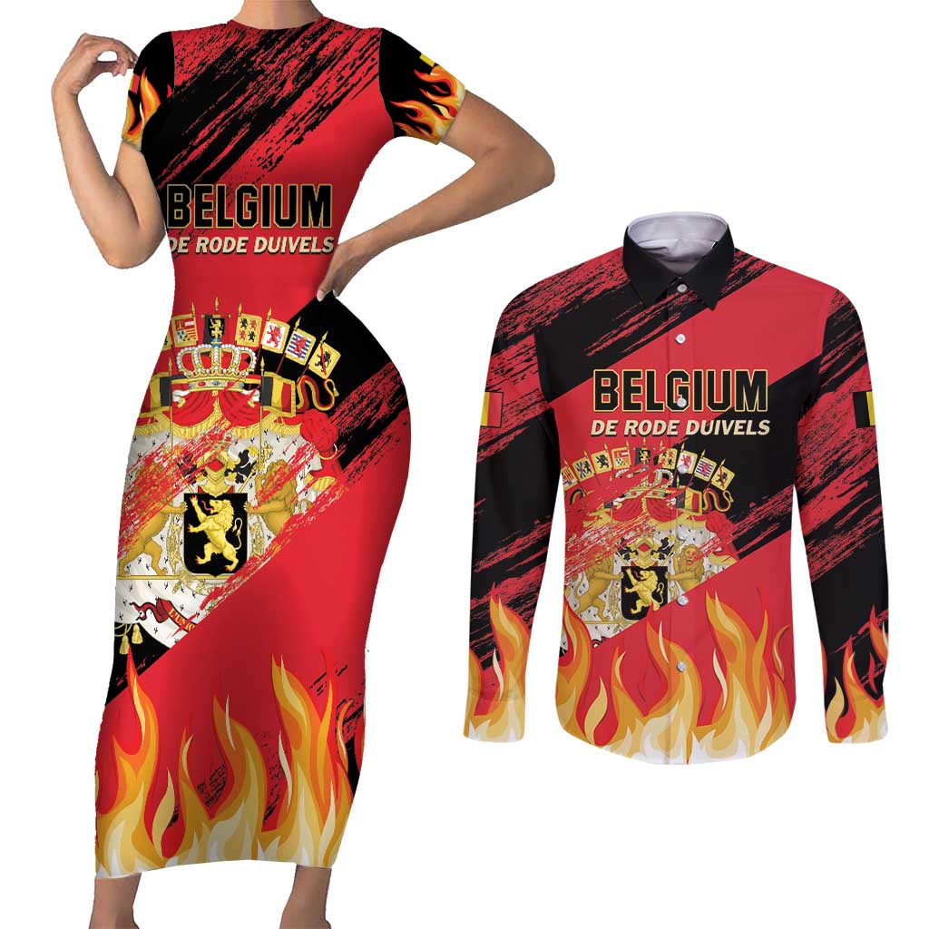 Custom Belgium 2024 Football Couples Matching Short Sleeve Bodycon Dress and Long Sleeve Button Shirt Go De Rode Duivels - Wonder Print Shop