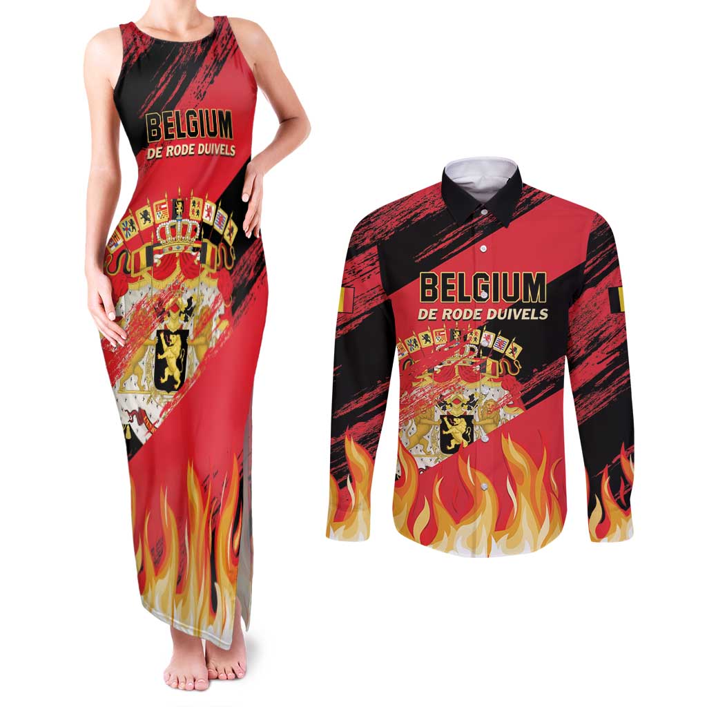 Custom Belgium 2024 Football Couples Matching Tank Maxi Dress and Long Sleeve Button Shirt Go De Rode Duivels - Wonder Print Shop