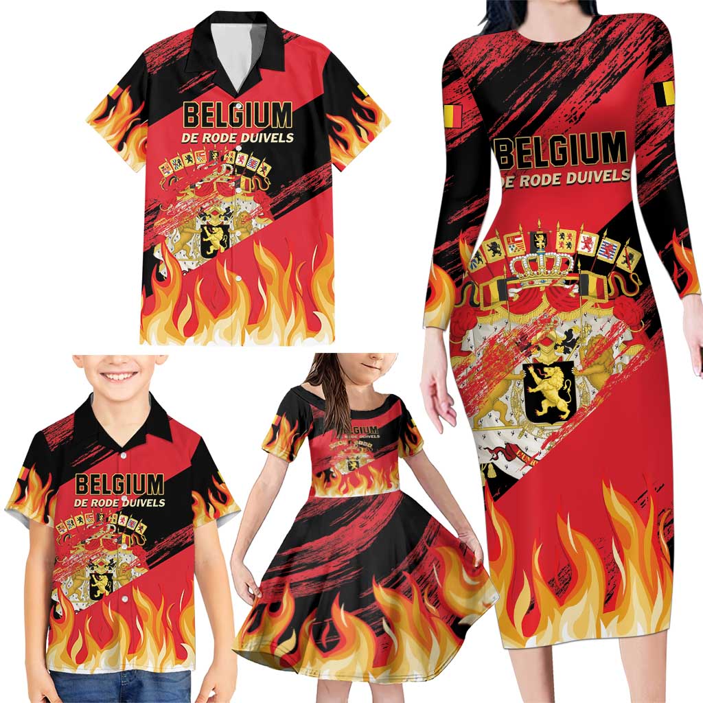 Custom Belgium 2024 Football Family Matching Long Sleeve Bodycon Dress and Hawaiian Shirt Go De Rode Duivels - Wonder Print Shop