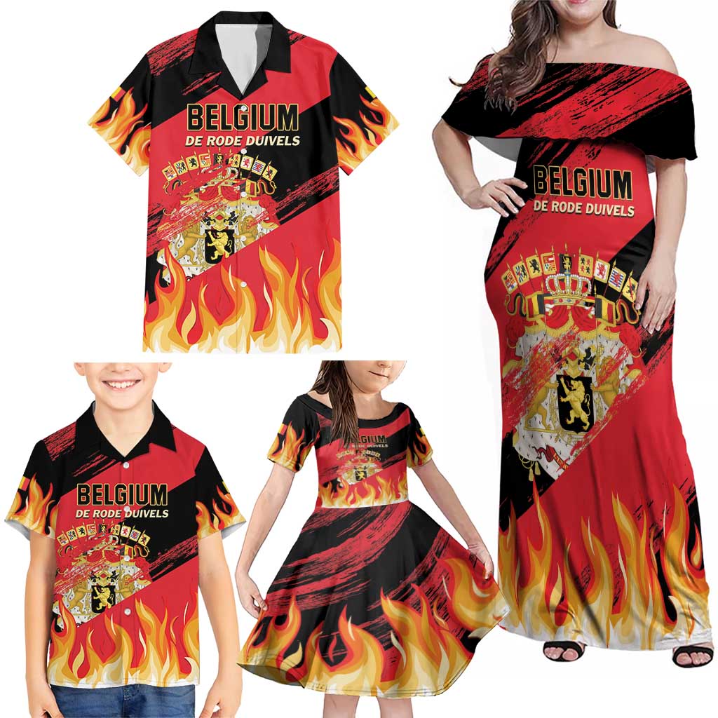 Custom Belgium 2024 Football Family Matching Off Shoulder Maxi Dress and Hawaiian Shirt Go De Rode Duivels - Wonder Print Shop