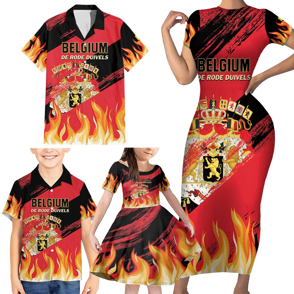 Custom Belgium 2024 Football Family Matching Short Sleeve Bodycon Dress and Hawaiian Shirt Go De Rode Duivels - Wonder Print Shop