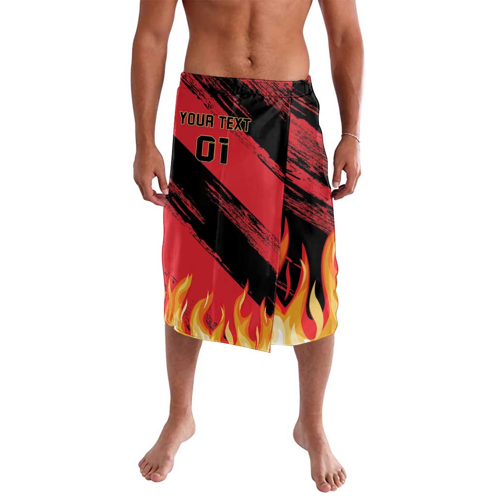Men's football lavalava with black, red flame graphic and custom text panel