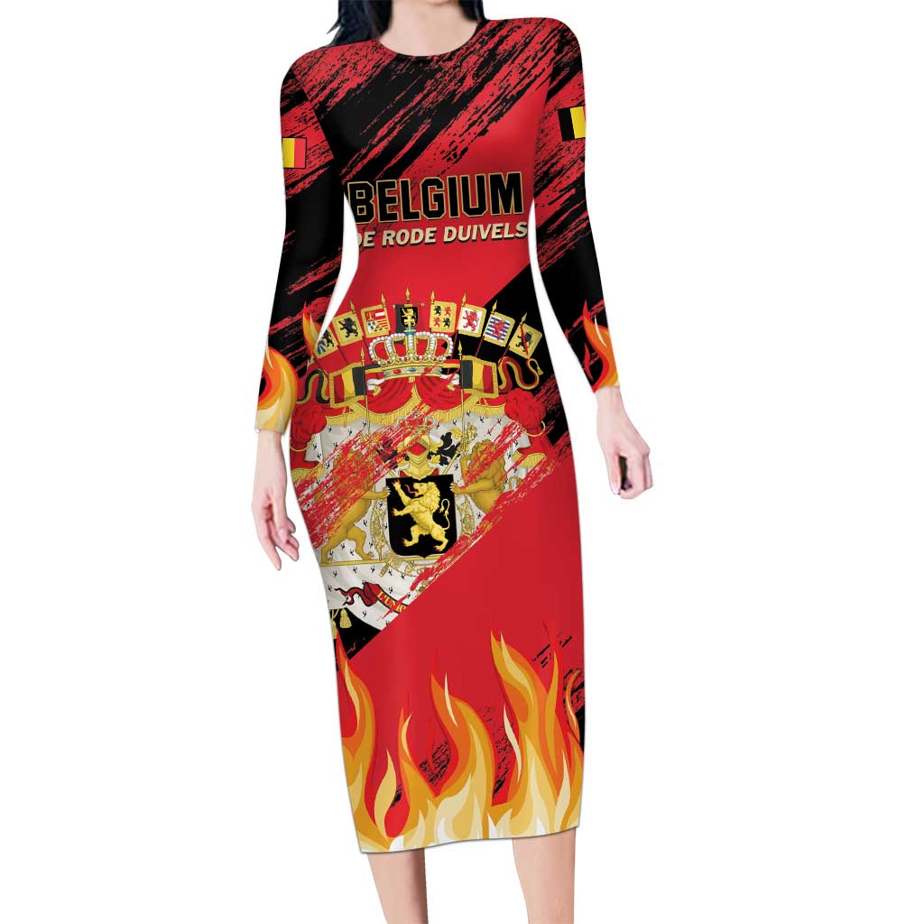 Custom Belgium 2024 Football Long Sleeve Bodycon Dress Go De Rode Duivels - Wonder Print Shop